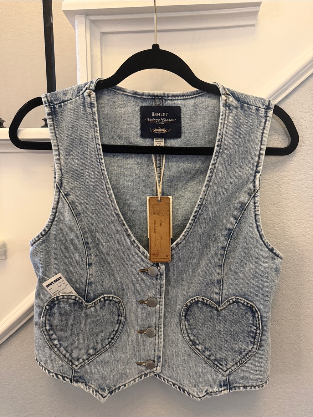 Female Adult Ashley Vintage Charm Light Blue Denim Vest with Heart Pockets